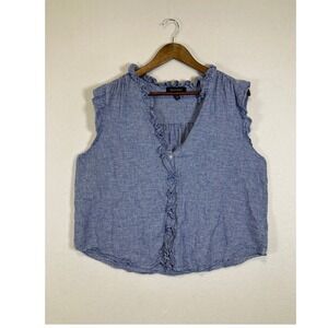 Ellen Tracy Gingham Ruffle Sleeveless Linen Blend Top Womens XL Blue White